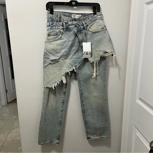Zara The Layered Denim Skirt Over Jeans Size 2 - Picture 2 of 16